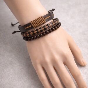 Men’s Premium Brown Leather & Natural Wood Bead